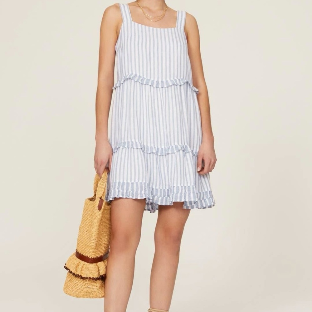 Rails Blue and White Stripe Sleeveless Mini Sundress with Ruffled Tiers “Sandy”